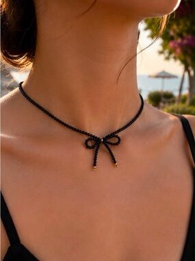 Black Beaded Bow Tie Choker Necklace